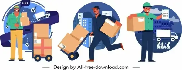 shipper icons men goods vehicle sketch cartoon characters