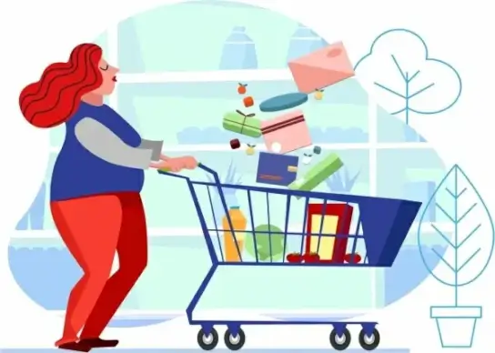 shopping background woman trolley goods icons cartoon sketch