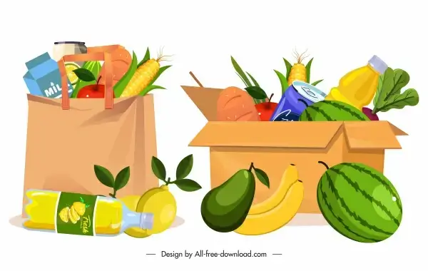 shopping design elements bag box food sketch