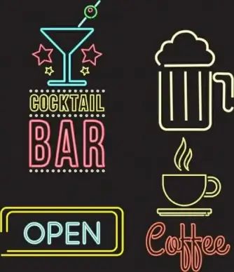 signboard icons collection bright neon decoration