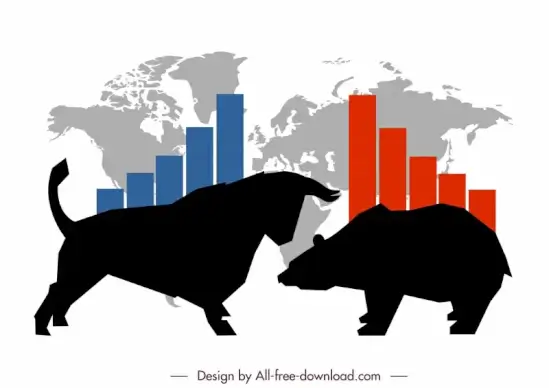 silhouette buffalo bear  stock trading backdrop world map column chart sketch