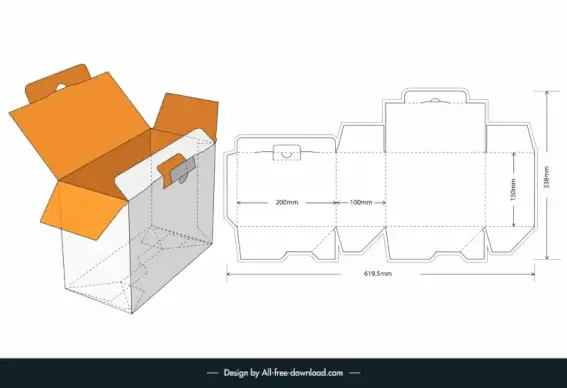 simple packaging box  internal measurement 20x10x15cm template flat cut sample 3d outline 