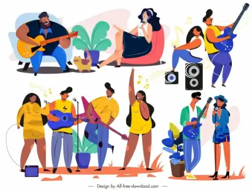 singing icons colored cartoon characters sketch