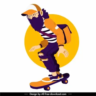 skateboard sports icon bearded man sketch cartoon character