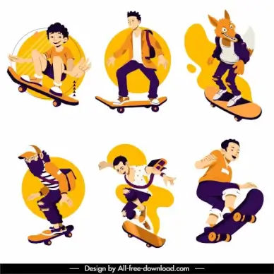 skateboard sports icons dynamic sketch cartoon characters