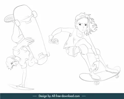 skateboarder icons dynamic design handdrawn cartoon sketch