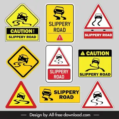 slippery road sign board templates flat geometric shapes cars sketch 