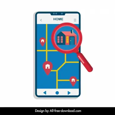 smartphone searching real estate icon house map magnifier sketch