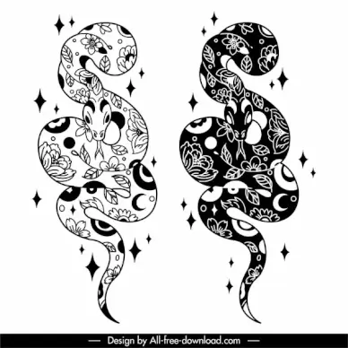 snake icons black white tribal floral leaves decor