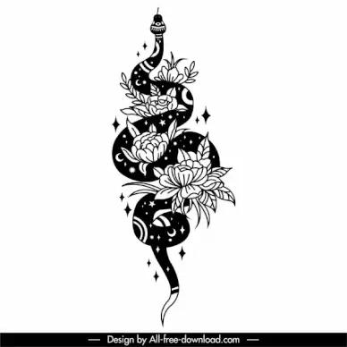snake tattoo template black white design floral decor