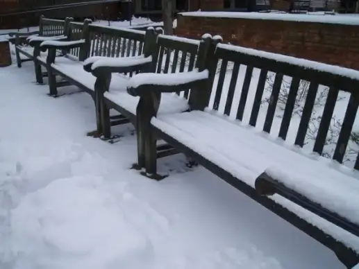 snow covered benches
