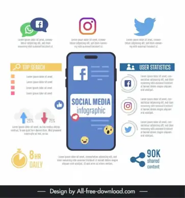 social media infographic template flat smartphone application logo decor