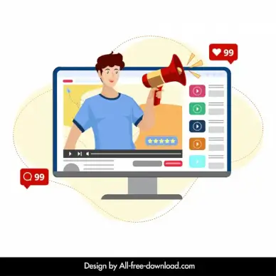 social network promotion design elements influencer megaphone computer screen sketch cartoon design 