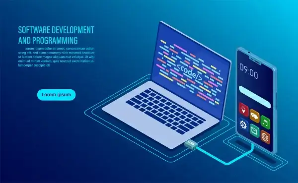 software development and coding programming of concept data processing computer code with window interface flat isometric illustration
