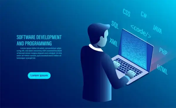 software development and coding programming of concept data processing computer code with window interface flat isometric illustration