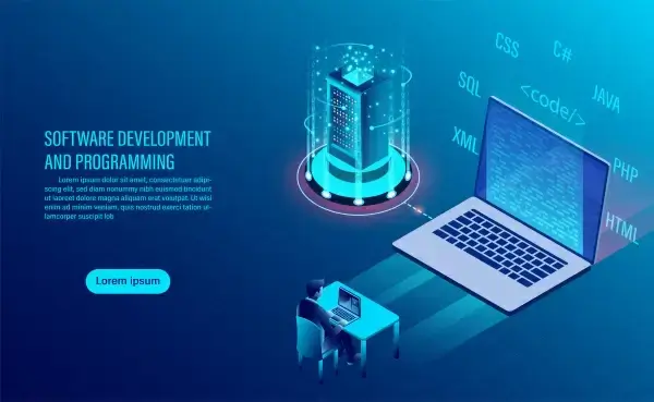 software development and coding programming of concept data processing computer code with window interface flat isometric illustration