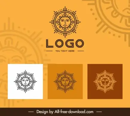 solar logo templates retro stylized flat symmetric sketch