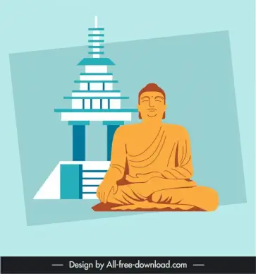 south korea elements architecture buddha statue sketch flat design 