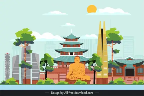 south korea travel poster template modern classic architecture temple pagoda scene sketch