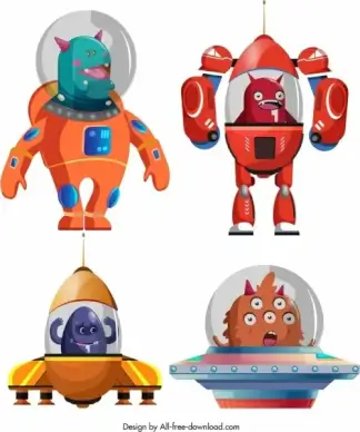 space alien icons colored cartoon characters sketch