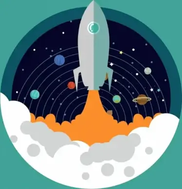 space background launching spaceship ornament round isolation