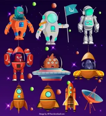 space background ufo alien astronauts satellite icons