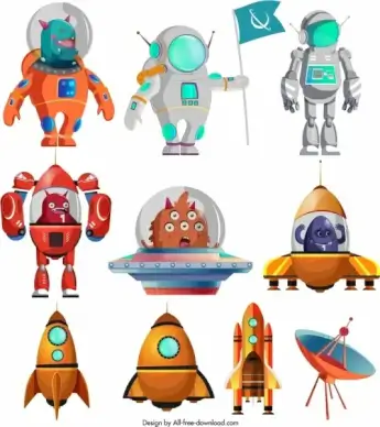 space design elements colored cartoon sketch