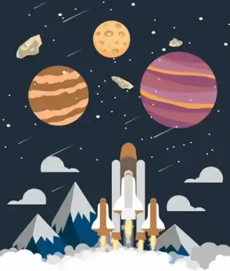 space exploration background launching ship planets icons