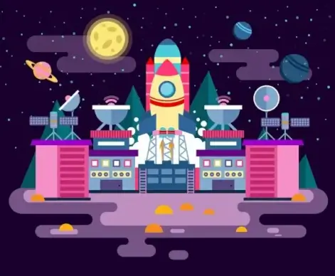 space science background station spaceship satellite planets icons