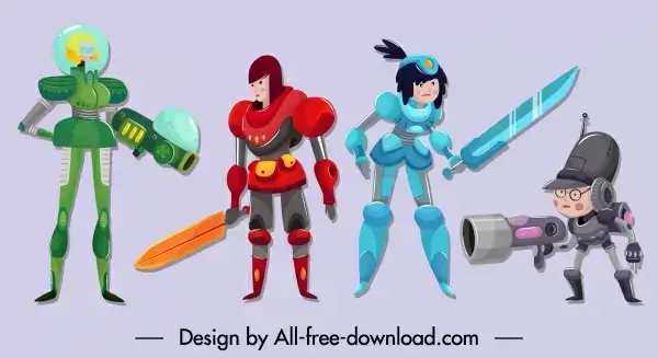space warrior icons contemporary design cartoon characters sketch