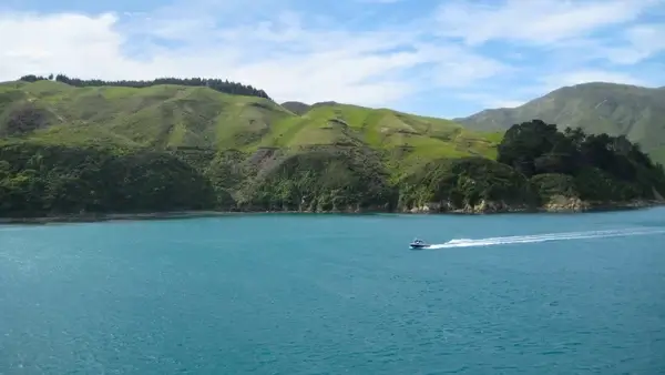 speed boat in water by green hills