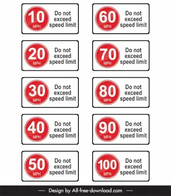 speed limit sign board templates horizontal design circle texts numbers decor 