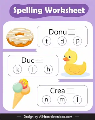 spelling worksheet for kids template flat donut duck ice cream texts blank sketch