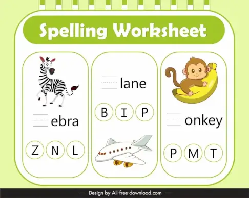 spelling worksheet for kids  template flat zebra airplane monkey texts blank sketch