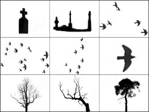 spooky mist, birds, gravestones, and trees brush