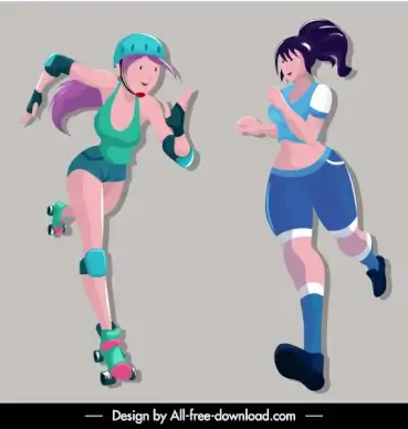 sport girl icons jogger skater sketch cartoon characters