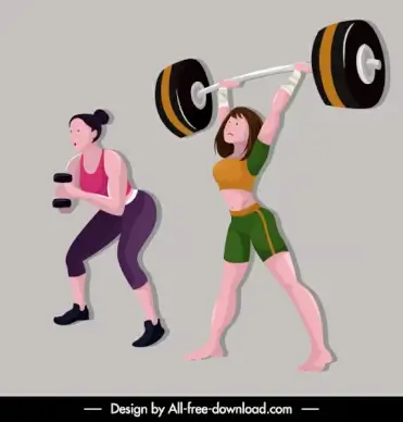 sport girl icons weight lifting sketch cartoon characters