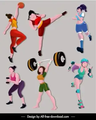 sports girls icons colored cartoon characters sketch