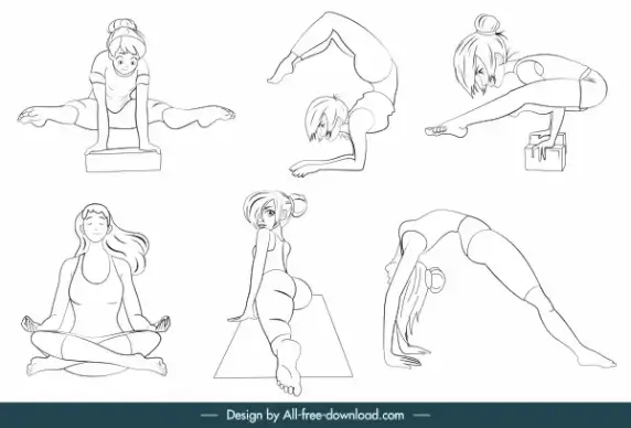 sports girls icons motion gestures handdrawn cartoon sketch