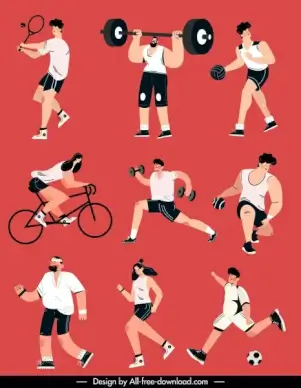 sports icons motion sketch cartoon characters
