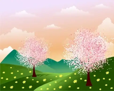 spring background blossom flowers on hill cartoon design