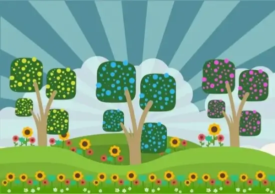 spring background colorful cartoon design trees floral ornament
