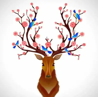 spring background reindeer antler flowers birds ornament