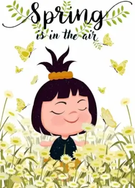 spring banner cute girl butterfly icons colored cartoon