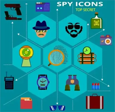 spy icons with tools and symbols infographic illustration