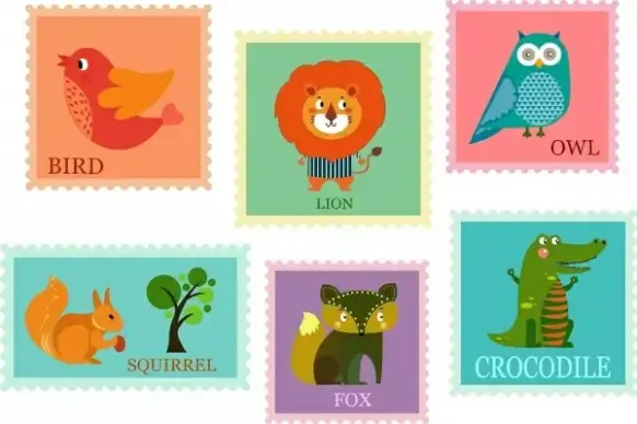 stamps collection design with cute animals background