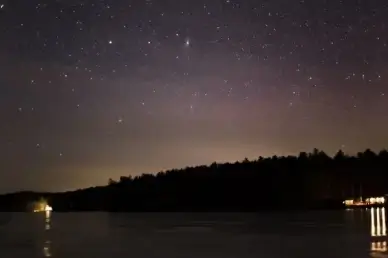 stars sky trees lake ice clouds