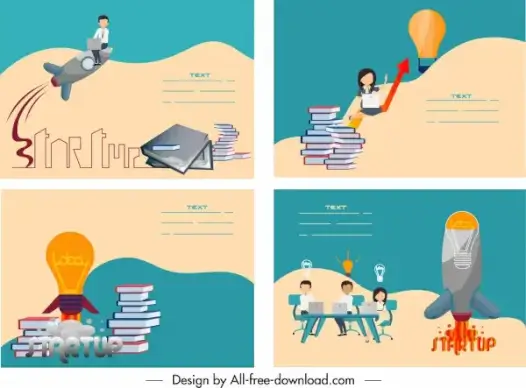 startup banners lightbulb spaceship book stacks staffs sketch