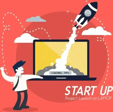 startup concept banner male rocket computer screen icons