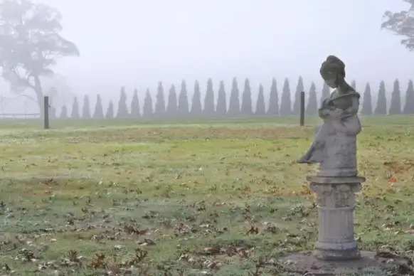statue with frosty trees